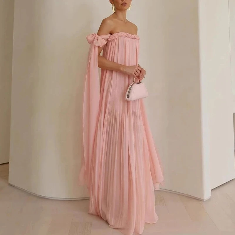 

Solid Color Women Vacation Maxi Dress Fashion One-shoulder Loose Chiffon Party Dress Summer New High Waist Ribbon Banquet Dress