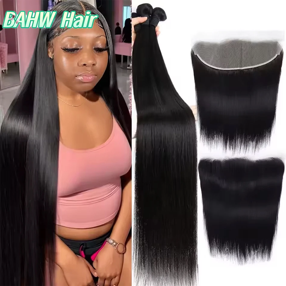 BAHW Hair Peruvian Straight Hair 3 Bundles With 13x4 Lace Frontal Remy Human Hair With HD Lace Part Ear To Ear 13x4 Lace Frontal