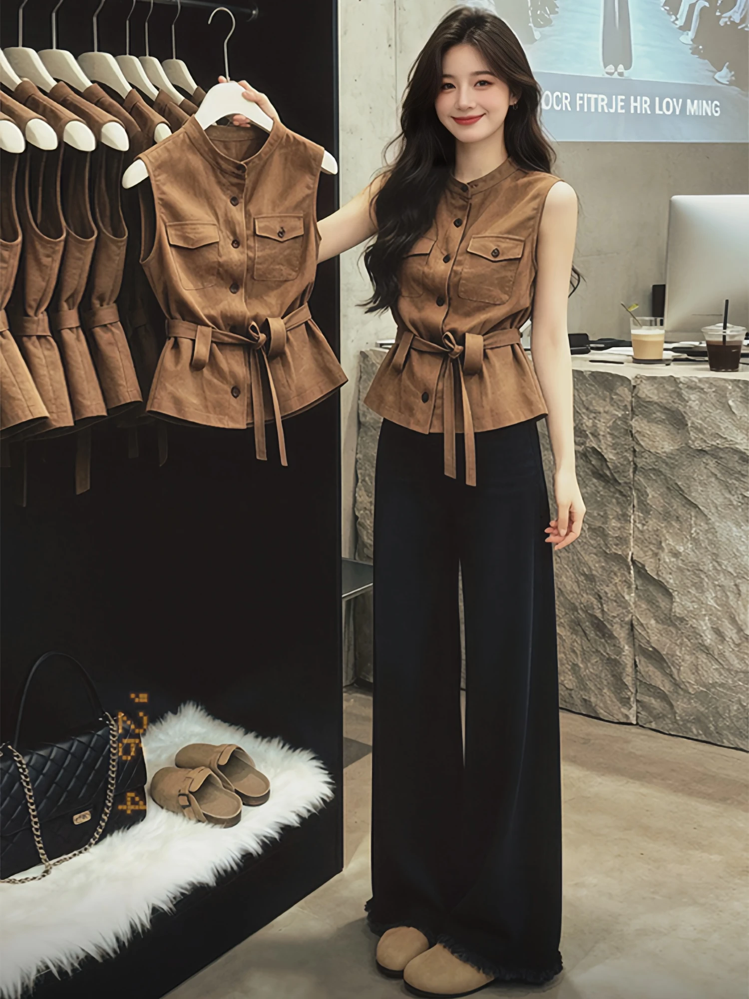 

Cafe Au Lait Sleeveless Workwear Design Shirt Women's Fashion Summer Sweet Cool Youthful High-End Feeling Top Casual Style