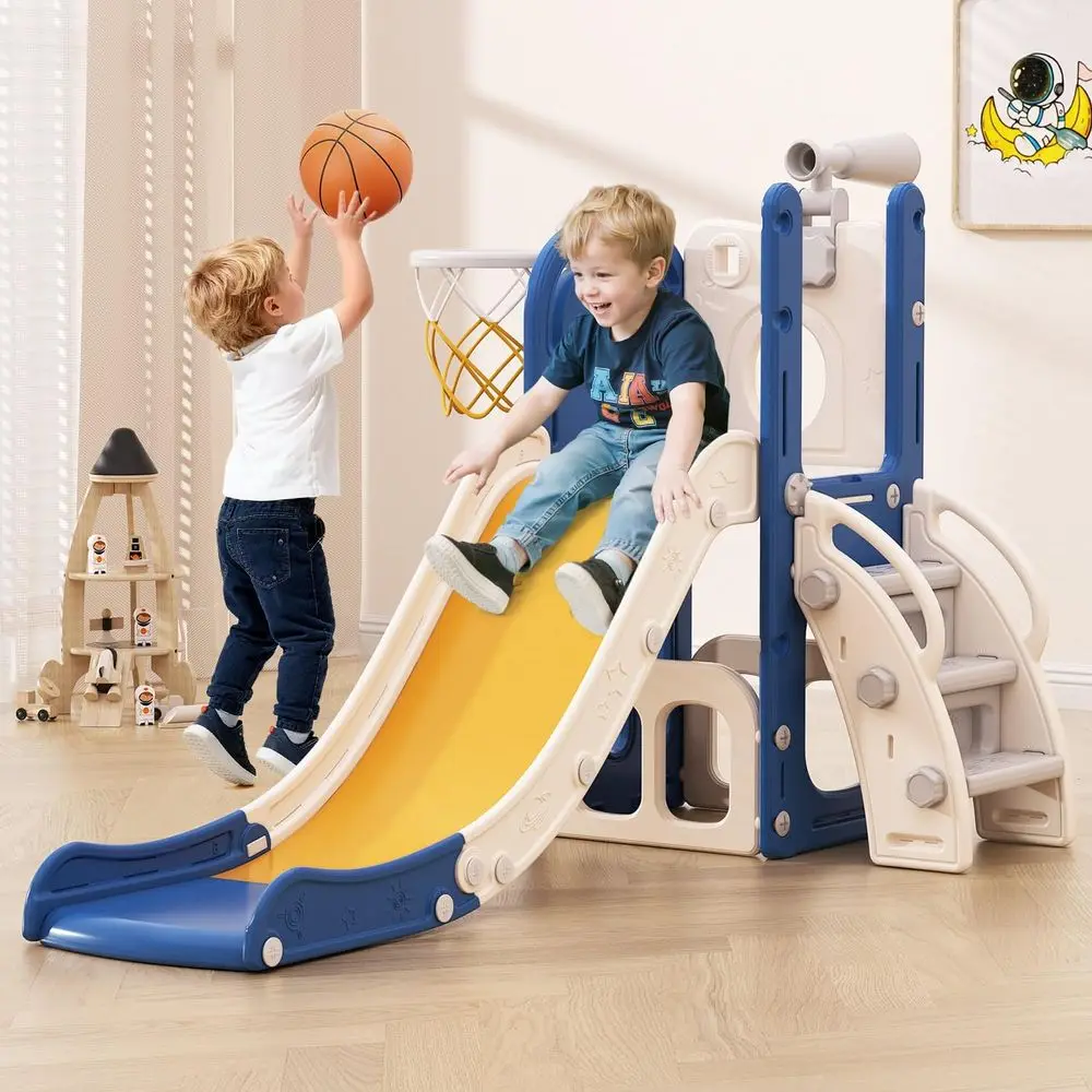Glissière pour tout-petits 6 en 1, centre de jeu intérieur et extérieur avec basket-ball et télescope, pour les 1 à 3 ans, bleu et jaune