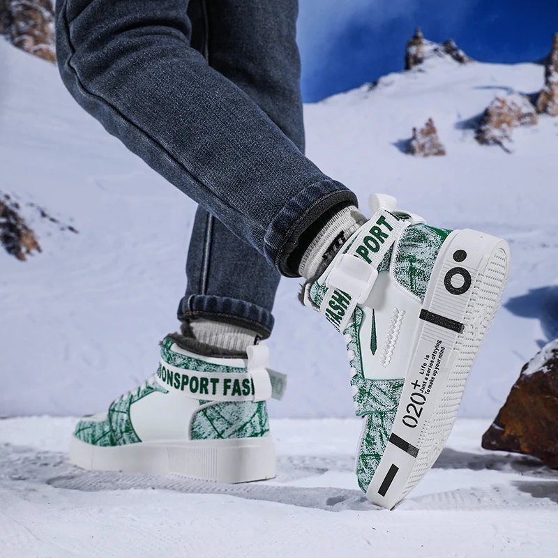 Fashion Boys Sneakers Children Casual Shoes High Top Board Shoes Plush Warm Kids Running Sneakers Outdoor Walking Winter Boots