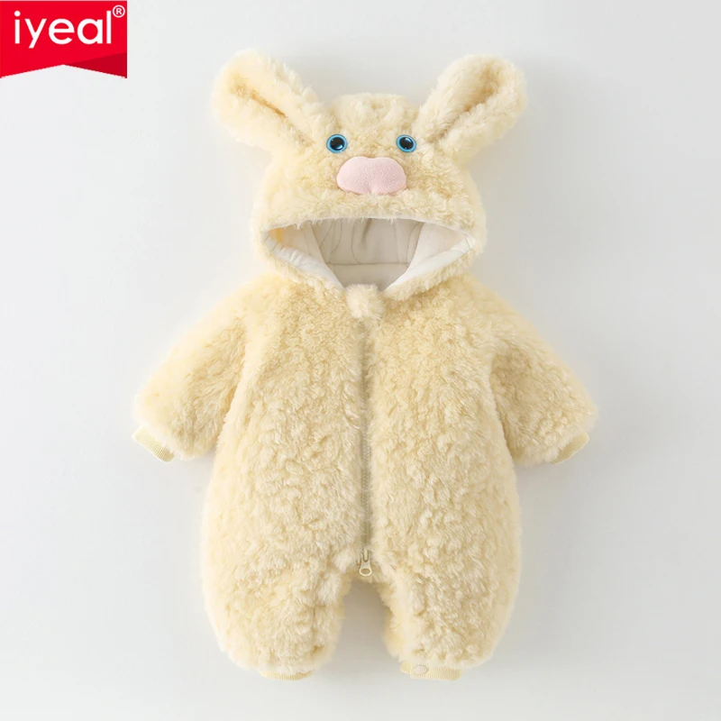 IYEAL Baby Girls Winter Fuzzy Hooded Romper Cute Pig Ear & Face Embroidery Zipper Jumpsuit Newborn Warm Plush Outerwear