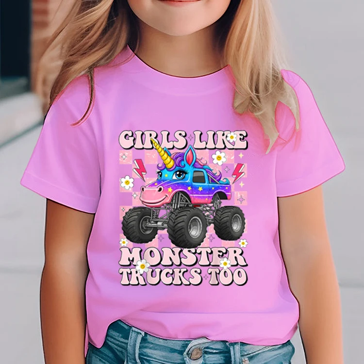 Girls Like Monster Trucks Too T-Shirt Girl Outfits Short-sleeve Crewneck Tee Toddler Clothes Pink Monster Truck T-Shirt