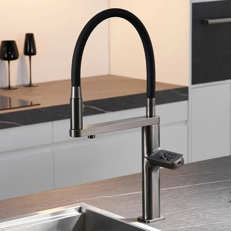 Pull Out Brass Kitchen Faucet Intelligent Sensing Digital Touch Temperature Control Hot And Cold Water Mixer Direct Drinking Tap