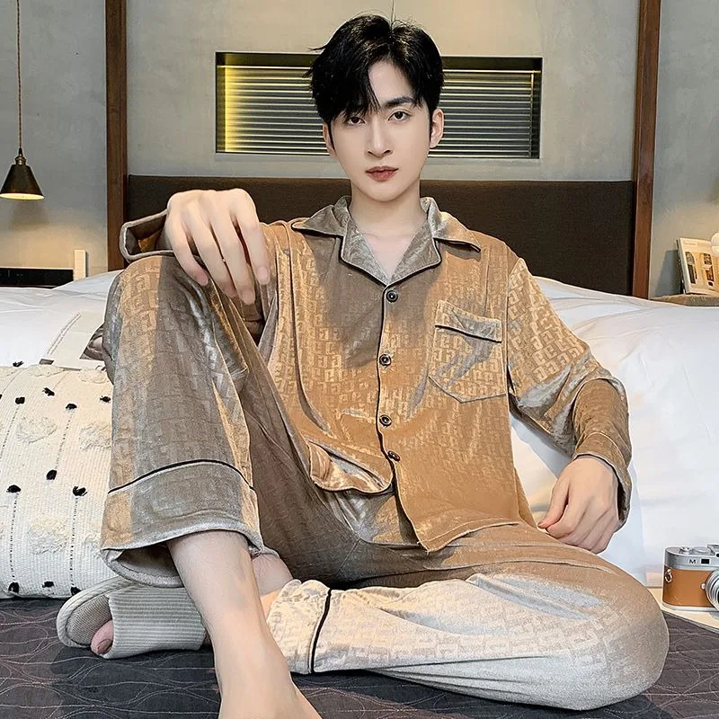 

2024 Young Men's New Pajamas Spring Autumn Cardigans Long Sleeve Pyjamas Suit Gold Velvet Casual Loose Outwear Loungewear Set