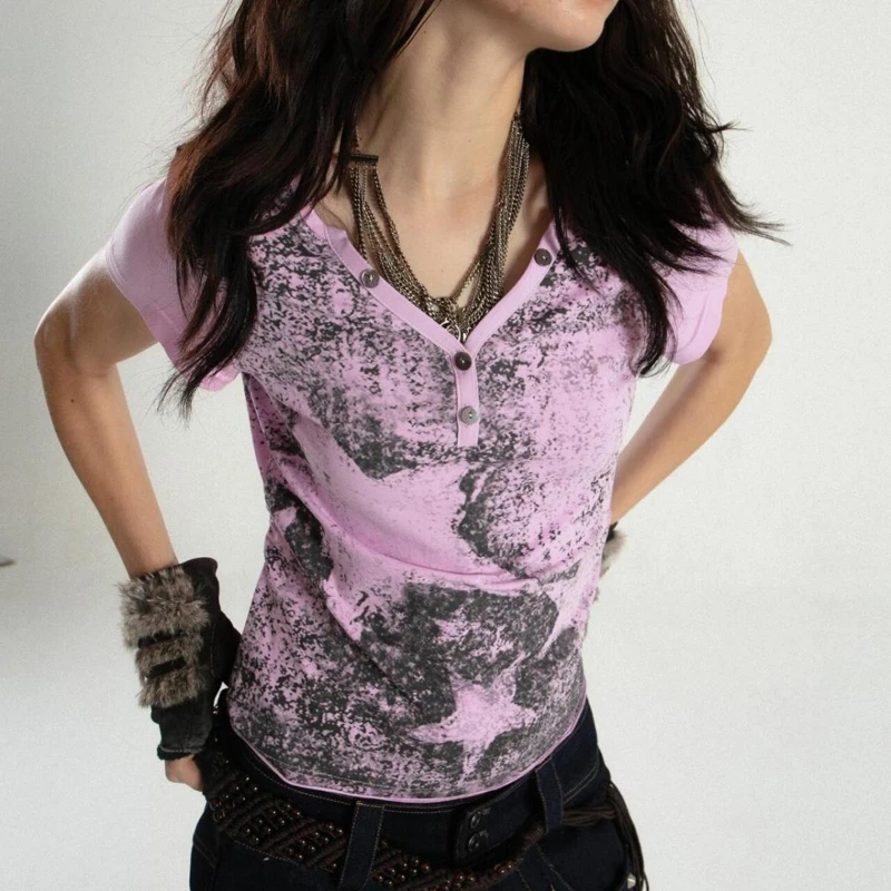 

HOUZHOU Vintage Gothic T-shirt Women Harajuku Punk Y2k Pink Graphic Tee Grunge Purple Spicy Girl Short Sleeve T-shirt Streetwear