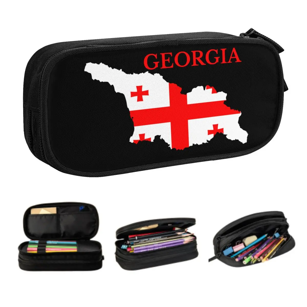 Korean Custom Georgia Country Flag Map Pencil Case for Boys Gilrs Georgian Proud Patriotic Large Storage Pen Bag Box Stationery