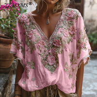 Ethnic Vintage Floral Print Woman Clothing Spring Sexy Hollow Deep V Neck Top Pullover Autumn Half Sleeve Fashion Shirts Blouses
