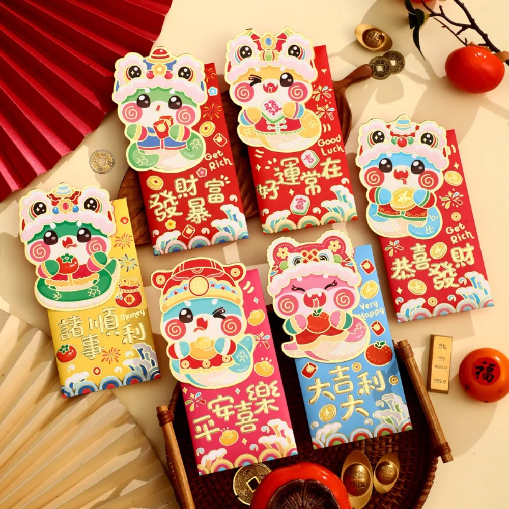

6 шт., креативный позолоченный мультяшный змеиный красный конверт, однотонный 3D красный пакет, утолщенный смешанный узор, сумка для денег на удачу, 2025 год