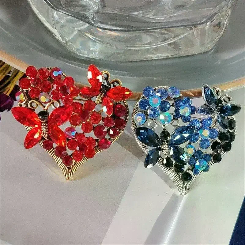 Valentine's Luxury Blue Red Crystal Love Heart Brooches For Women Rhinestone Butterfly Party Brooch Pins Lovers Jewelry Gift