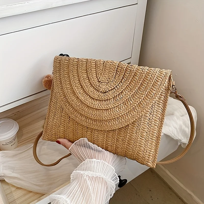 

Летний пляжный клатч ручной работы из соломенной ткани, элегантная женская повседневная сумка через плечо со съемным плечевым ремнем