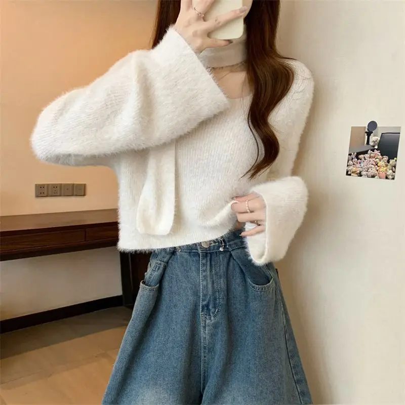 

Autumn Winter Korean Style Imitation Mink Fur Scarf Round Neck Women's Clothing Knitted Sweater New Slim Fit Slimming Short Tops