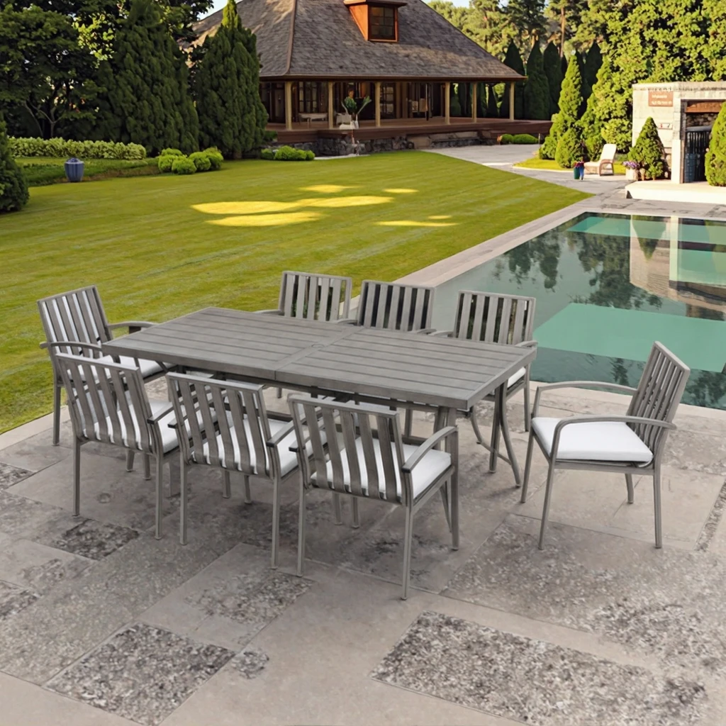 

Free Shipping Lightweight Durable All-Weather Aluminum Outdoor Dining Table Set with 8 Patio Chairs for Restaurants Hospitals