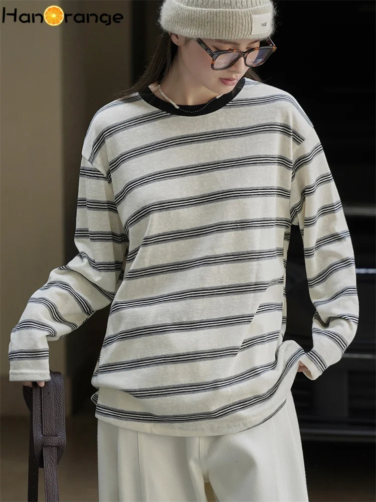 

HanOrange 2025 Early Autumn Fashion Lazy O-Neck Wide Striped Long Sleeve T-shirt Women 3D Muscle Top Tees Off White/Pink