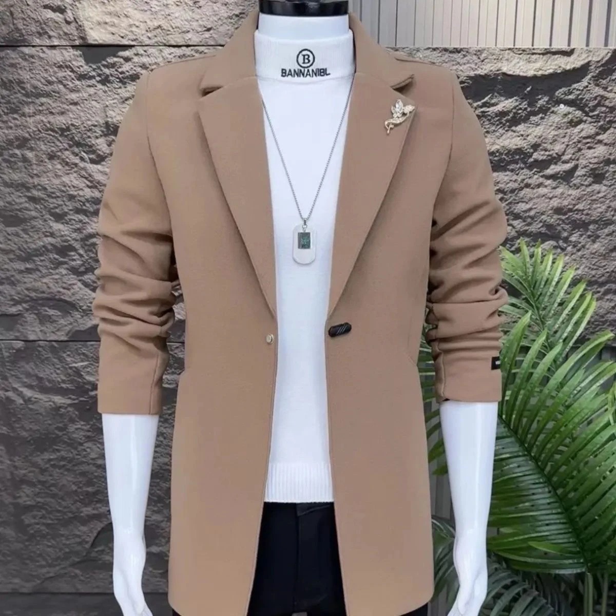 

2024 Men's Mid-Length Thiened Woolen Coat Faionable Slim Fit Korean Sle Stand Edition Winter Windbreaker Jaet