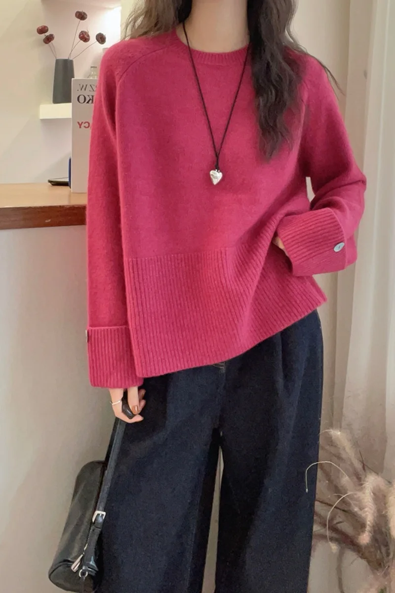 

100% Merino Wool Women's Round Neck Pullover Loose Thick Autumn Winter Warm Casual Fashionable Knitted Cashmere Sweater