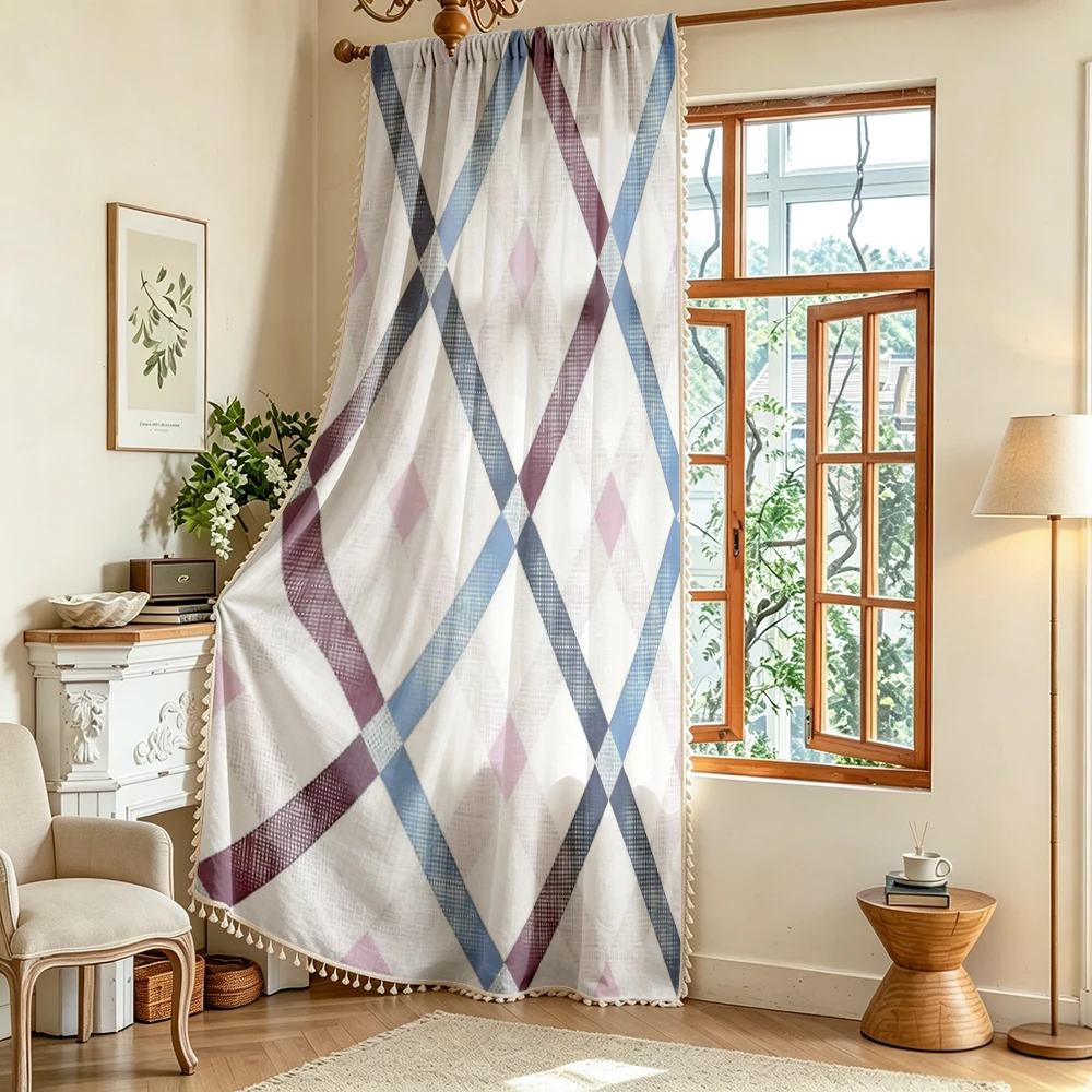 1PC Boho Farmhouse Tassel Sheer Curtains, Blue Purple Pink Diamond Pattern, Digital Print, Linen Polyester, for Bedroom Window