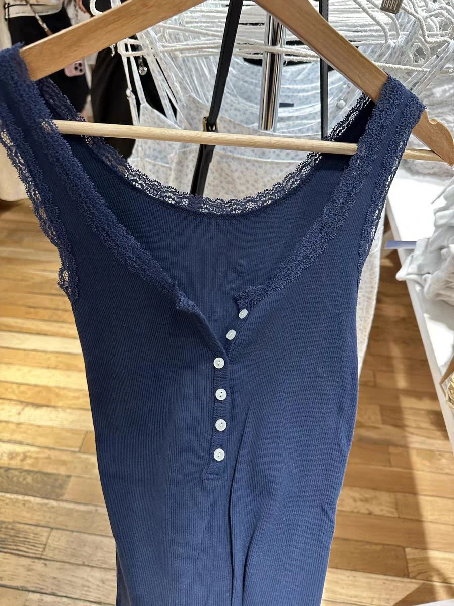 Solid Lace Trim Ribbed Tank Top Women Spring Buttons Cotton Slim Chic U Collar Sleeveless Camis Sweet Simple Basic Vest Y2K Tops