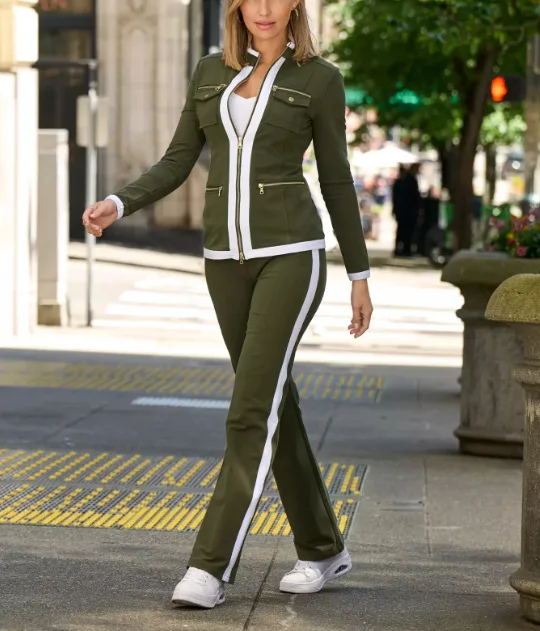 

2025 Spring Autumn New Fashion Solid Casual 2 Piece Elegant Women Commuting Set Slim Simple Zipper Top Straight Sweatpants Suit