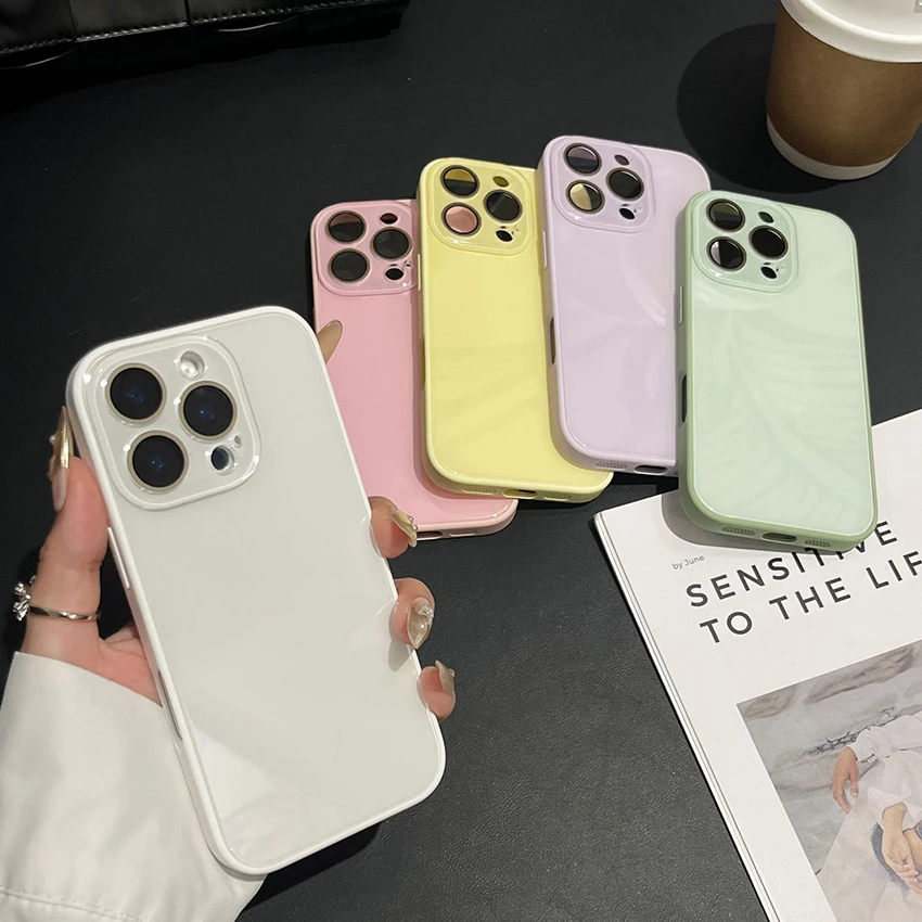 حافظة هاتف زجاجية خلفية لهاتف آيفون 17 16 15 14 13 برو 12 11 ماكس بلون 16Pro 17Pro 15Pro حافظة هاتف صلبة 14Pro 13Promax