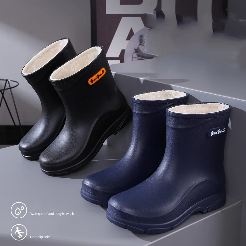 New Waterproof Men PVC Rain Shoes Outdoor Non-slip Work Shoes Fleece Lined Cotton Warm Rain Boots Kitchen Footwear Male Footwear