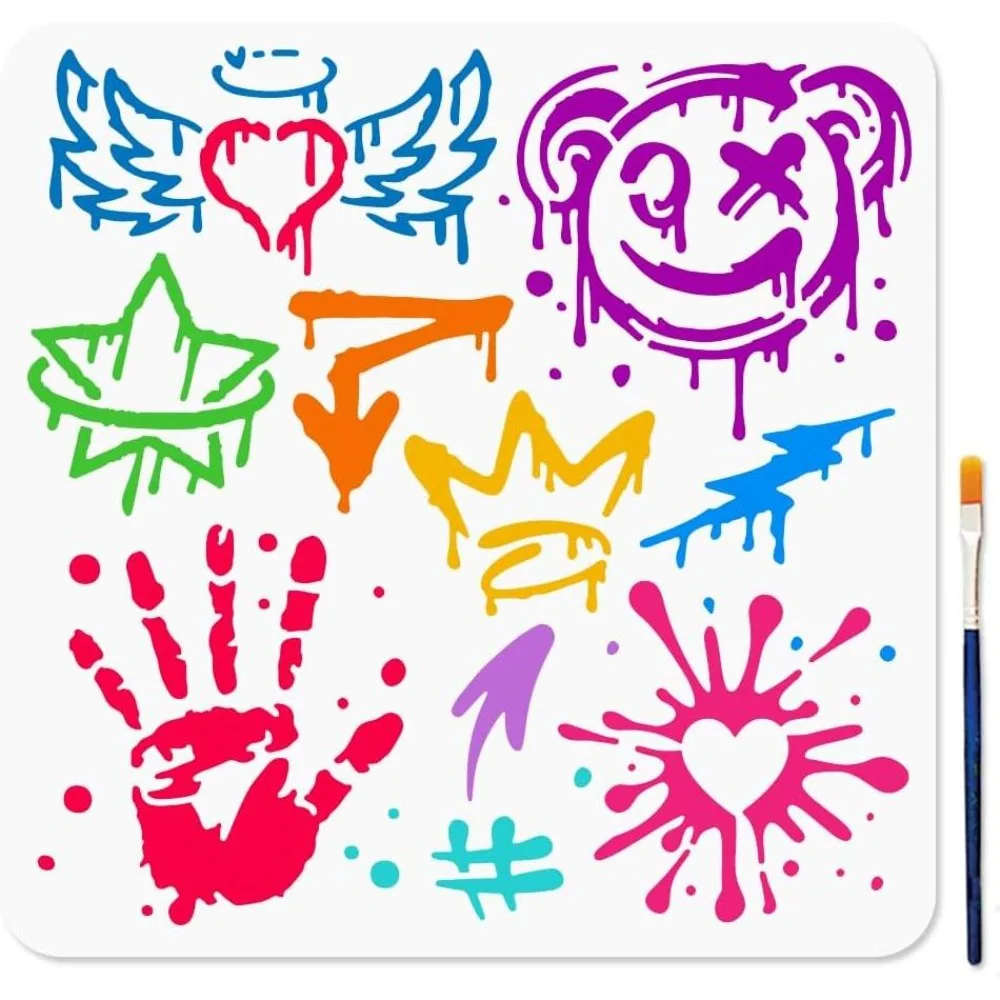 Graffiti Stencil for Painting 11.8×11.8inch Palm Star Arrow Heart Graffiti Stencil with Paint Brush Reusable Feather Doodle