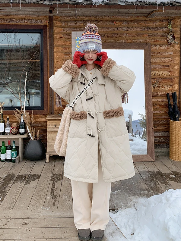 

Lamb Fur Patchwork Quilted down Jaet Women's Mid-Length Winter Coat Button Closure Anti-Aging Warm Casual Loose Fit