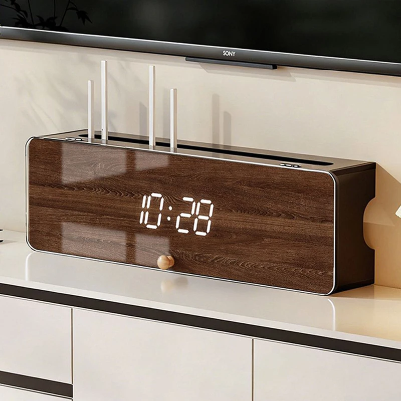 Wifi Router Organizer Box Wall Mounted TV Set-top Storage Case Living Room Hidden Cable Boxes Desktop Shelf with Digital Clock