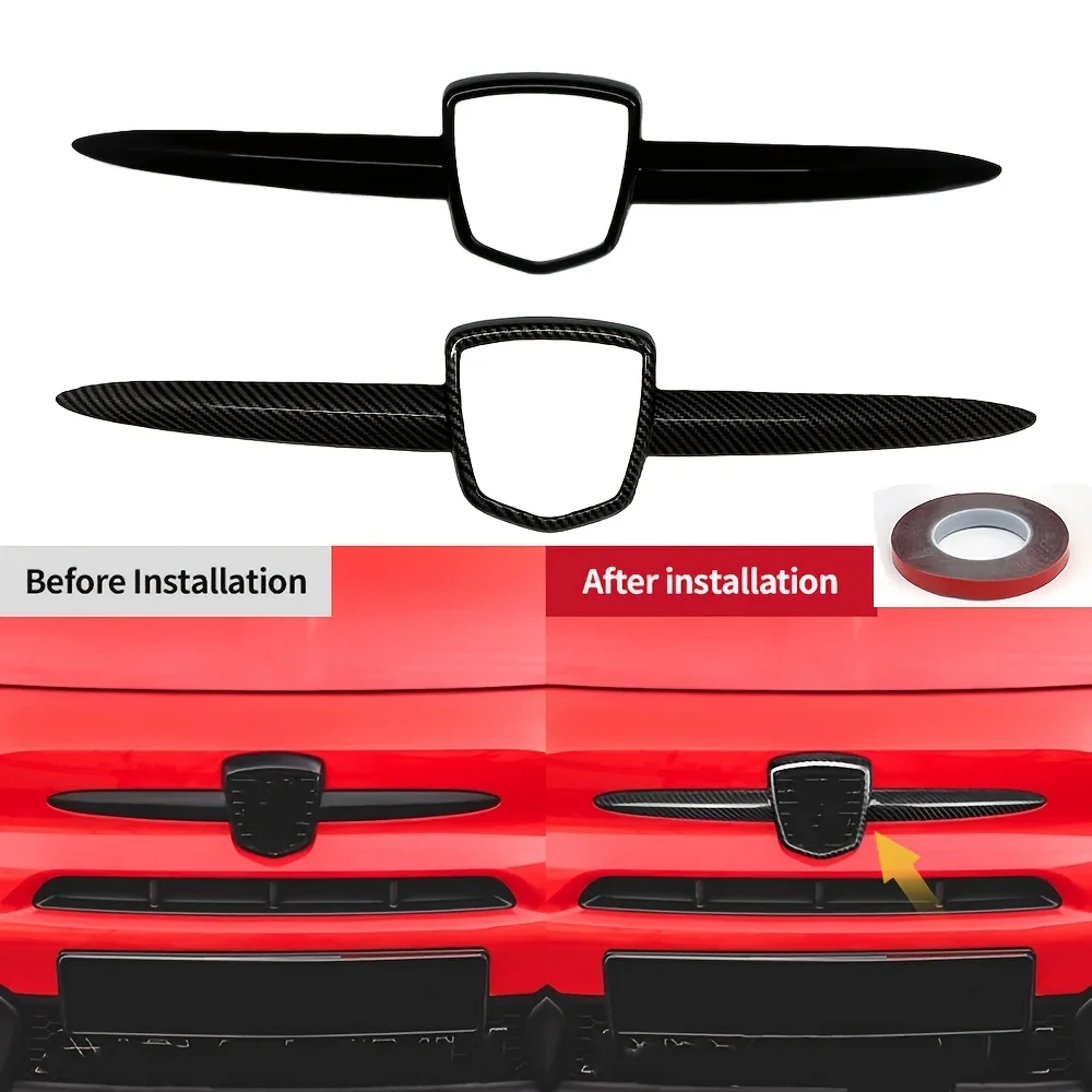 Neue Frontgrill-Emblemabdeckung für Fiat 500 595 695 2008-2024 2008 Glänzend schwarze Carbon-Optik Logo-Abzeichen Grillstreifenabdeckung – Detail 3