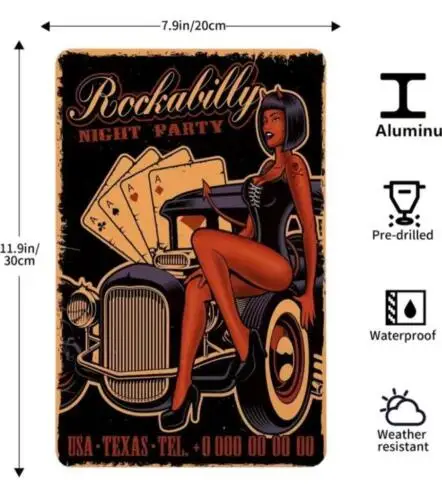 ROCKABILLY 4 ACES NIGHT PARTY METAL TIN SIGN SEXY PIN UP TATTOO SKULL BONE - ART