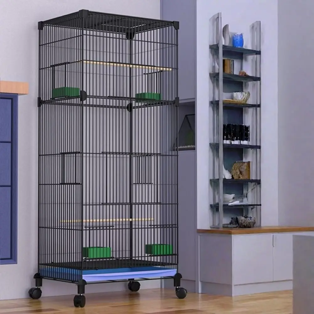39.4-Inch Rolling Bird Cage, Metal Birdcage with Stand and Grass Nest, Large Parrot Cages for Budgies Lovebirds
