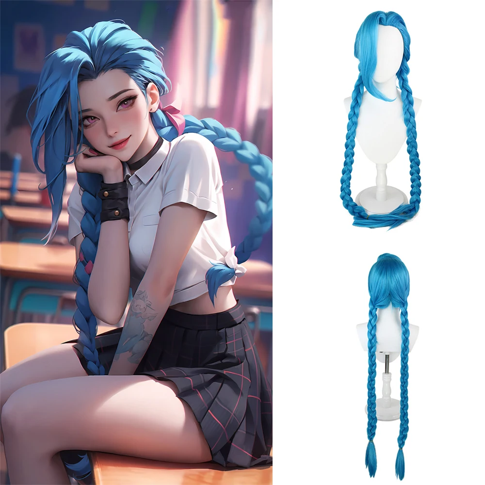 

High-Quality Arcane Battle Jinx Cosplay Synthetic Hair Blue Braids 46-Inch Halloween Carnival Anime Game Lol Runaway Girl Wig