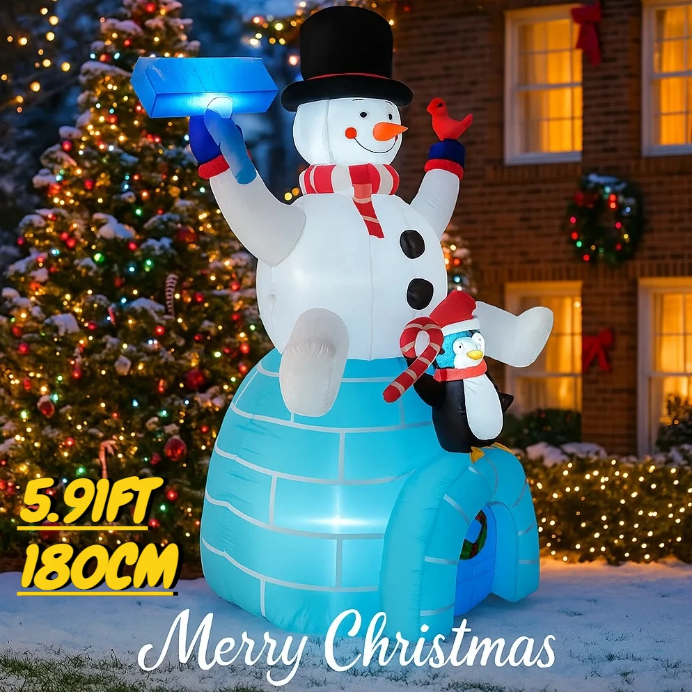 Giocattolo gonfiabile gigante da 5,91FT Pupazzo di neve Pinguino Igloo Forniture natalizie per luci a LED da giardino Decorazioni natalizie Ornamenti per la casa Regali festivi