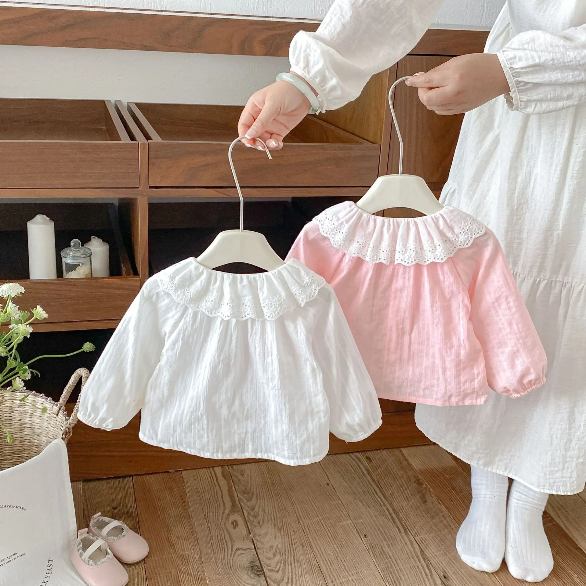 2026 Autumn New Girls Long Sleeve Shirts Solid Cute Baby Girl Lace Collar Tops Cotton Infant Sweet Shirts Toddler Clothes