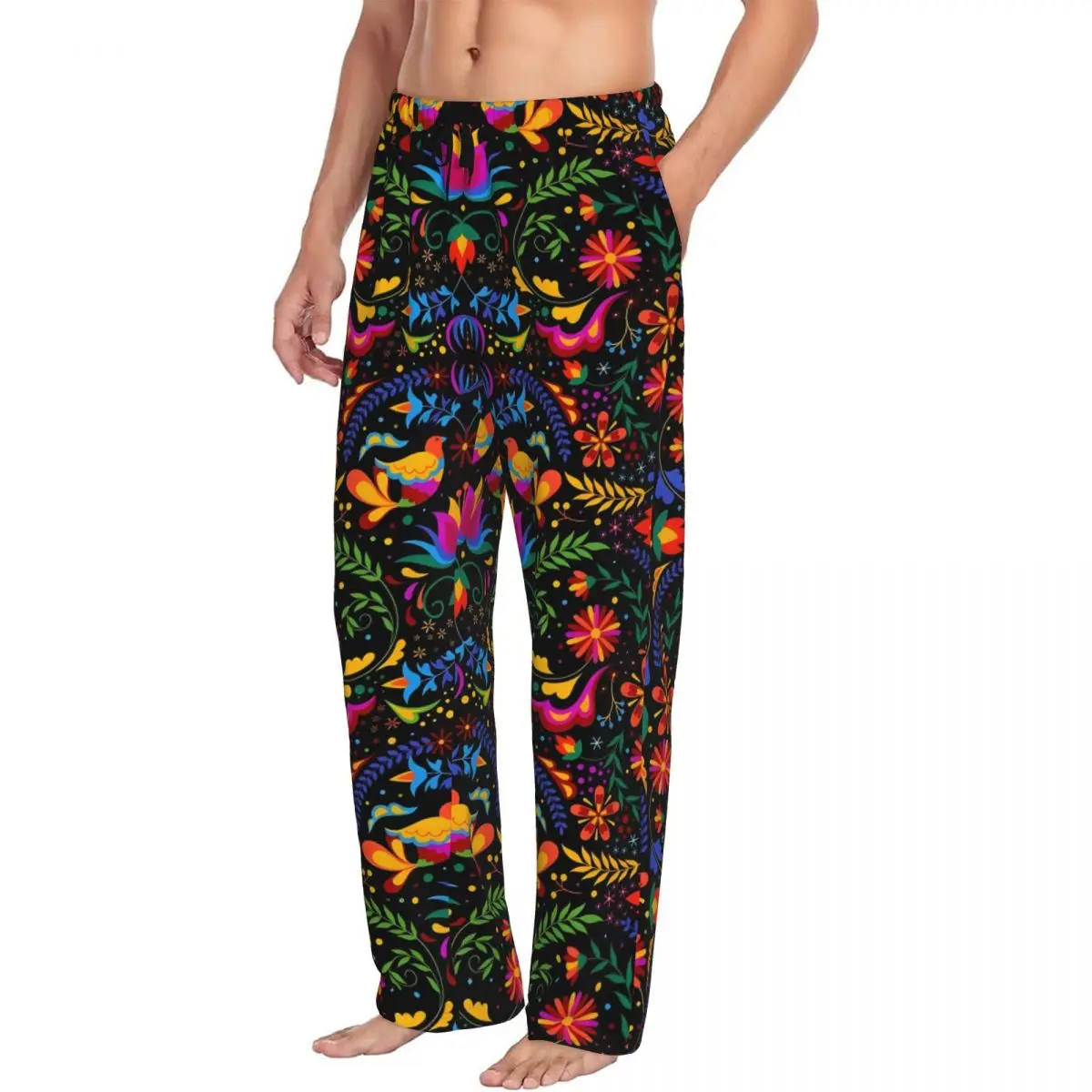 Custom Printed Men's Mexican Flowers Otomi And Birds Pajama Pants Sleep Sleepwear Bottoms with Pockets