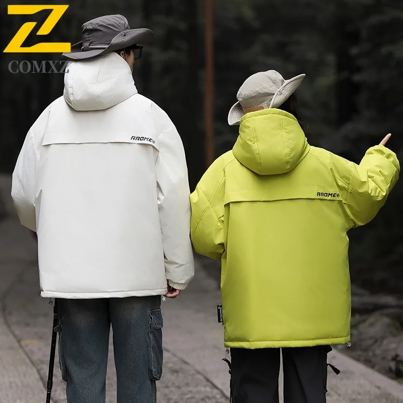 COMXZ Men Duck Down Mountain Hooded Waterproof Jacket American Style Vintage Winter cotton-padded Outdoor Sport Lightweight Coat