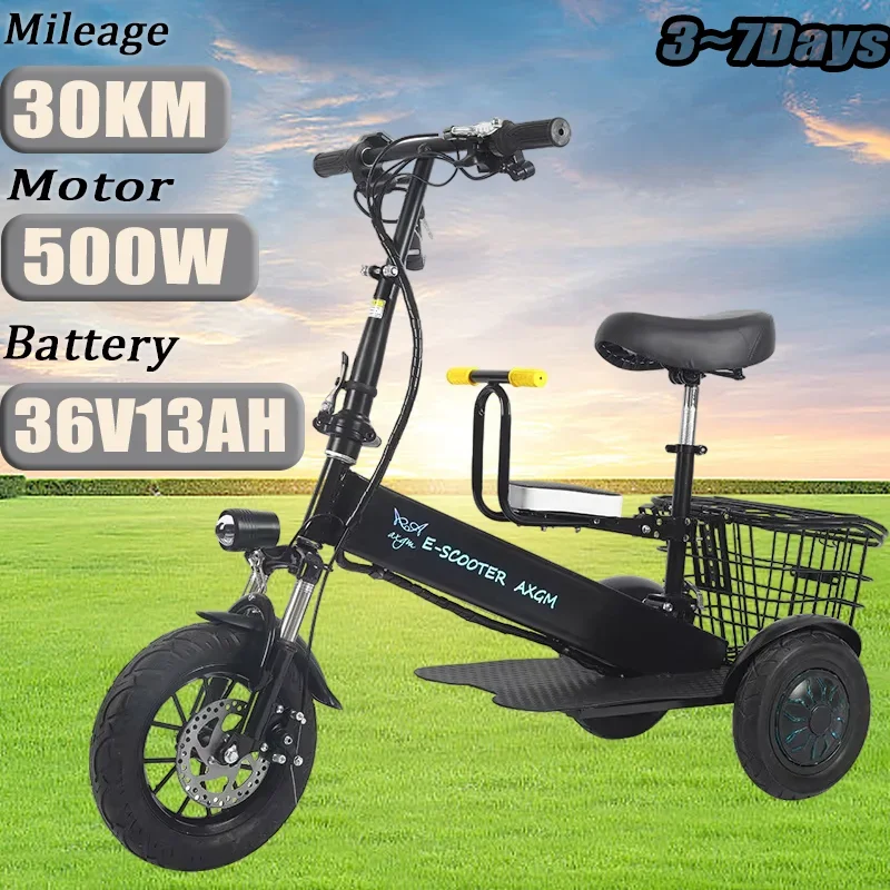 Electric 3 Wheel Waterproof Scooter with Basket13AH 500W 30KM Adult Portable Mini Folding parent-child Scooter Electric Tricycle