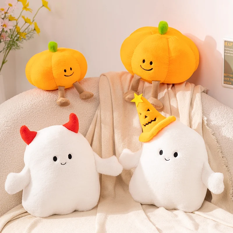 Halloween Pumpkin Ghost Plush Dolls, Demônio Anime Macio Recheado com Chapéu, Travesseiro Kawaii, Decoração de Festa Bonita para Crianças, Presentes