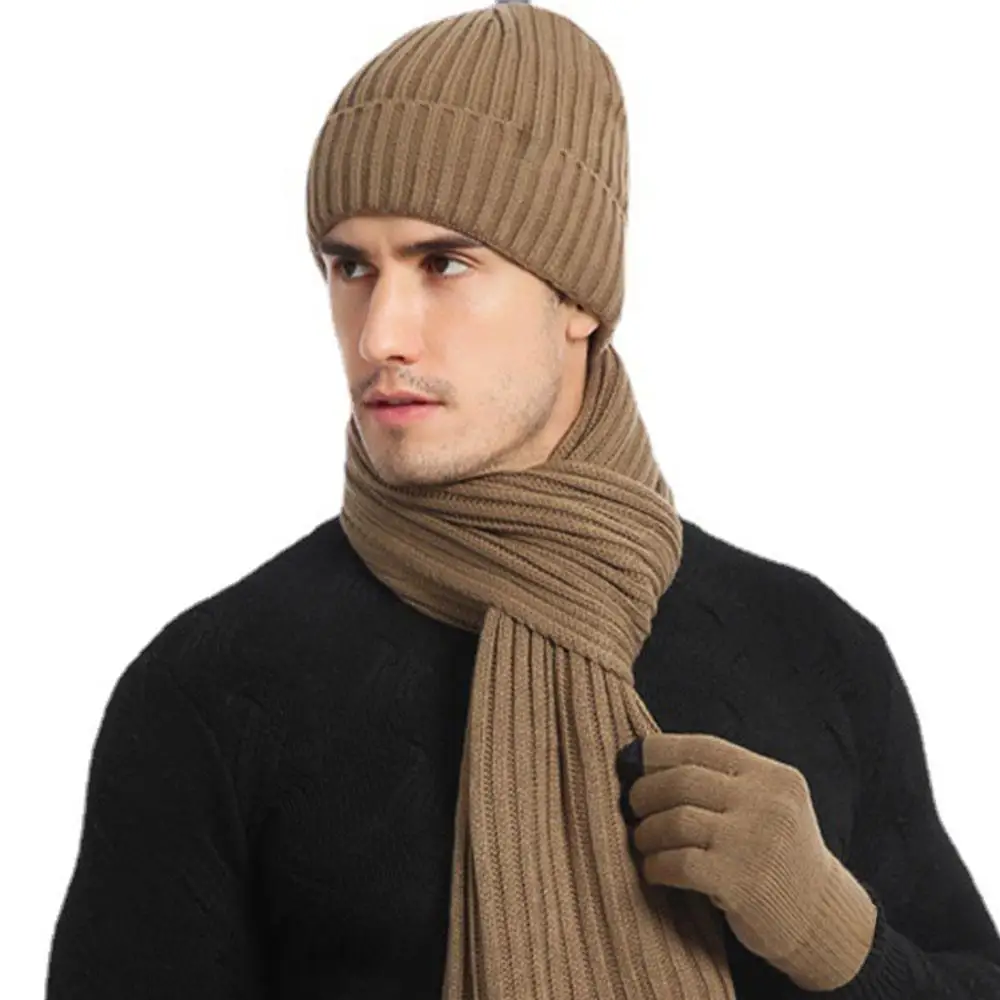Thickened Beanies Scarf Gloves Set Fleece-lined Unisex Long Scarf Neck Warmer Knit Winter Warm Touchscreen Gloves