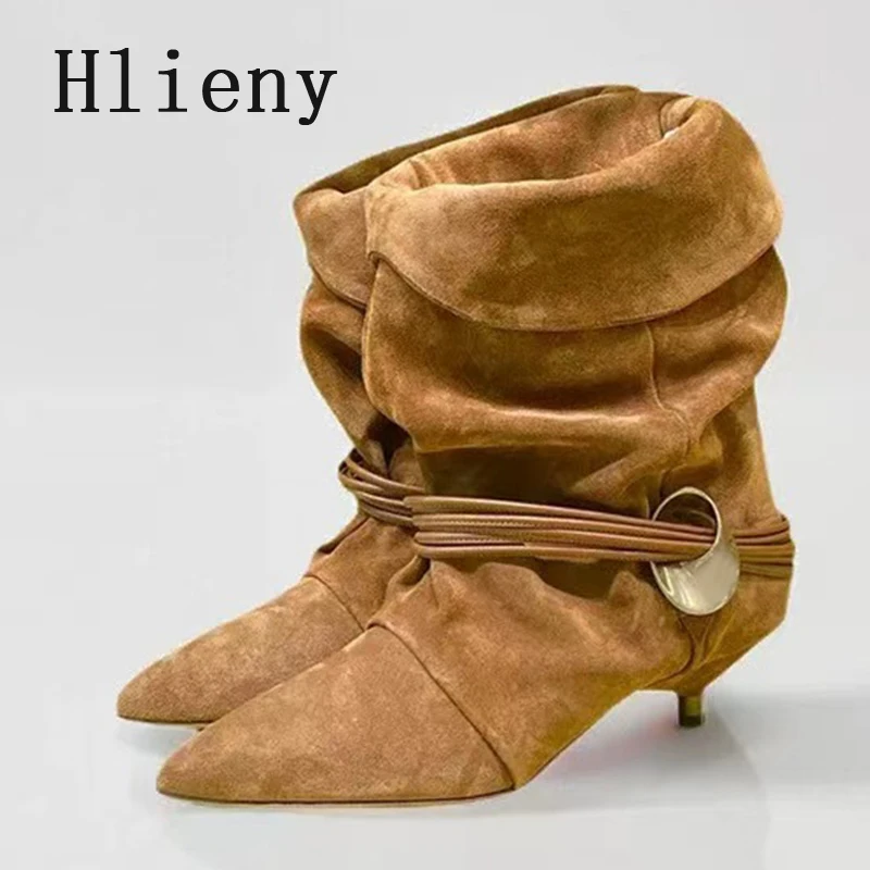 

Hlieny зимние модные дизайнерские плиссированные ботильоны с острым носком, женские современные винтажные уличные туфли на тонком низком каблуке на молнии