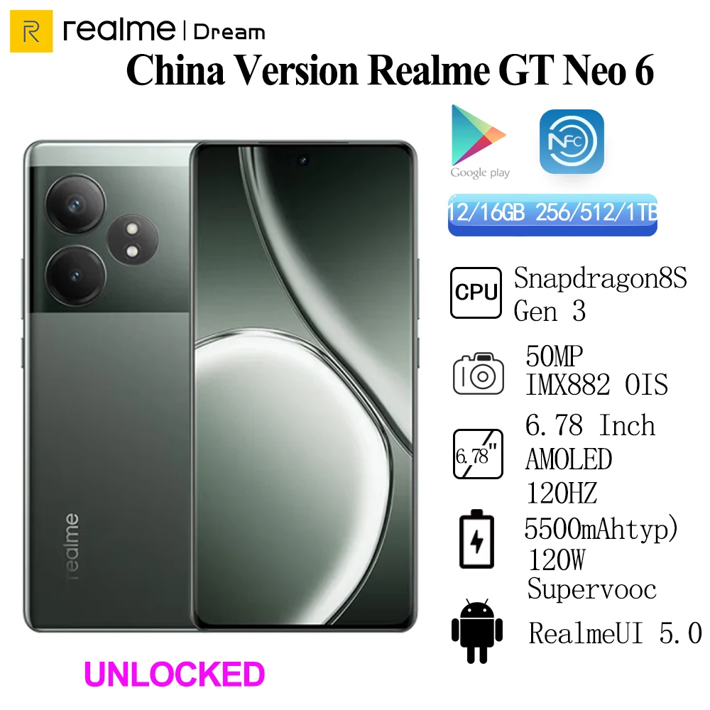 Original Realme GT Neo 6 Snapdragon 8S Gen 3  Unlocked Sim Network Region 5500mAh 120W Supervooc 50MP IMX882 6.78Inch 120Hz