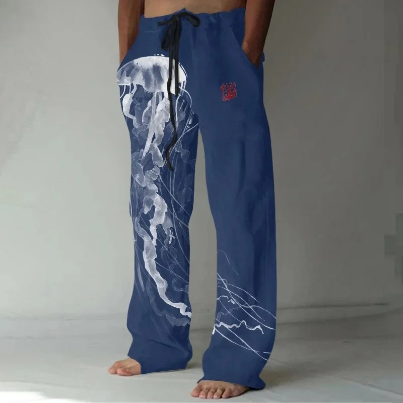 Japanische Kunst, Quallen-Druck, lässige Mischung, lange Hose, modisch, 2025, Herbst, bodenlange Hose, Retro-Stil, elastische Taillenhose