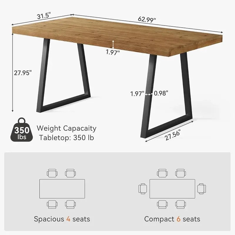 Industrial Dining Table for 4-6 People 63 inches Solid Wood Rectangular Kitchen Table with Heavy-Duty Metal Legs for Home