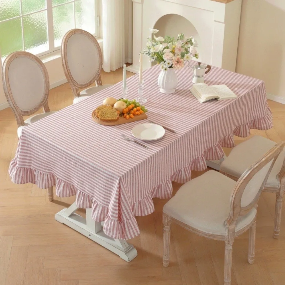 Vertical Striped Table Cover Ruffle Trim Wrinkle-Resistant Striped Ruffle Tablecloth Washable Rectangular Tablecloth