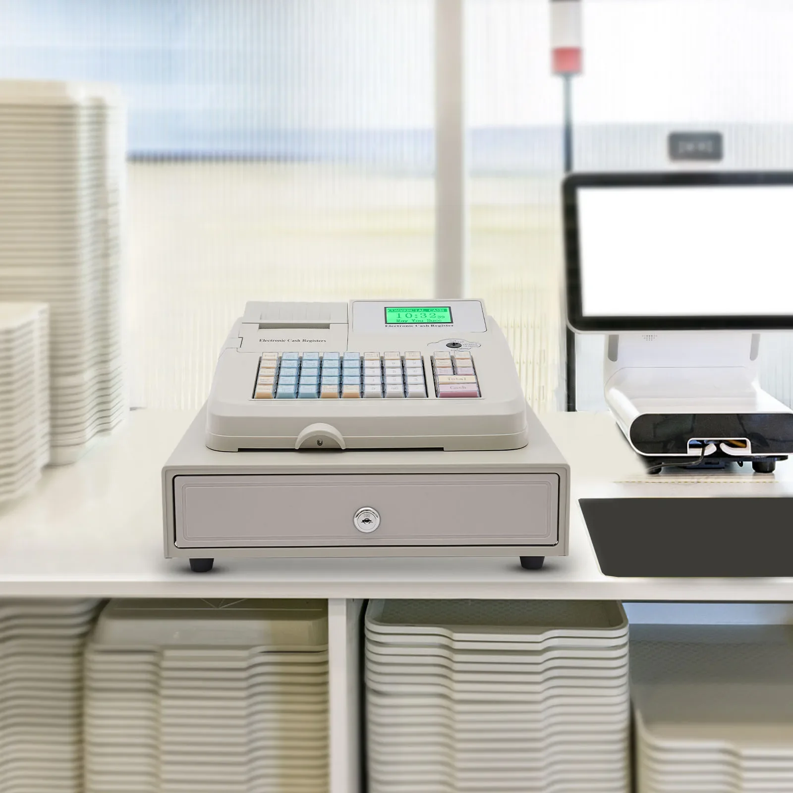 Cash Register 48-Key LED Display Electronic Cashier Cash Management POS System High-Speed Thermal Printing Digital Cash Register