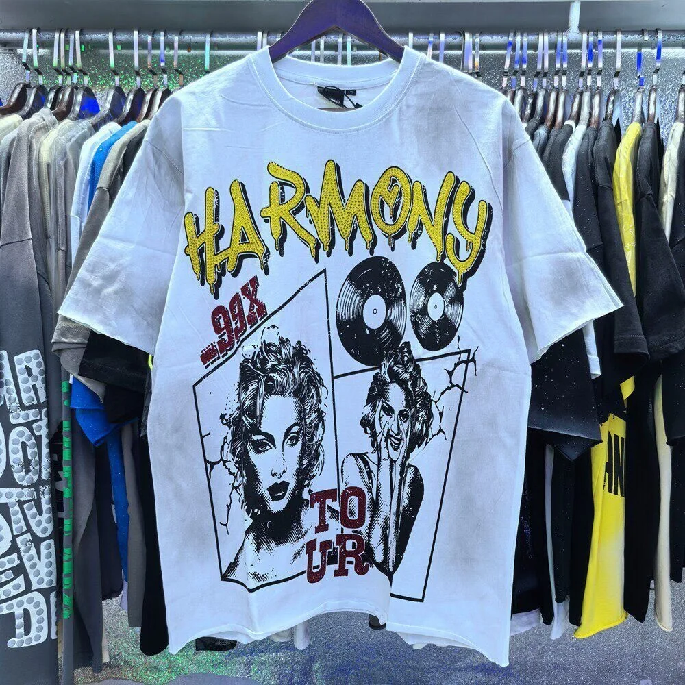Harmony Retro Letterprint Beaded Summer Streetwear Men's and Women's Loose-Fitting Casual Short-Sleeved T-Shirt
