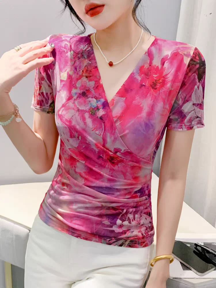 

Summer Light Fabric T-shirts For Women Wrinkled Cross V-neck Fashion Short Sleeved Mesh Print Slim T-shirt Girl Trend Top