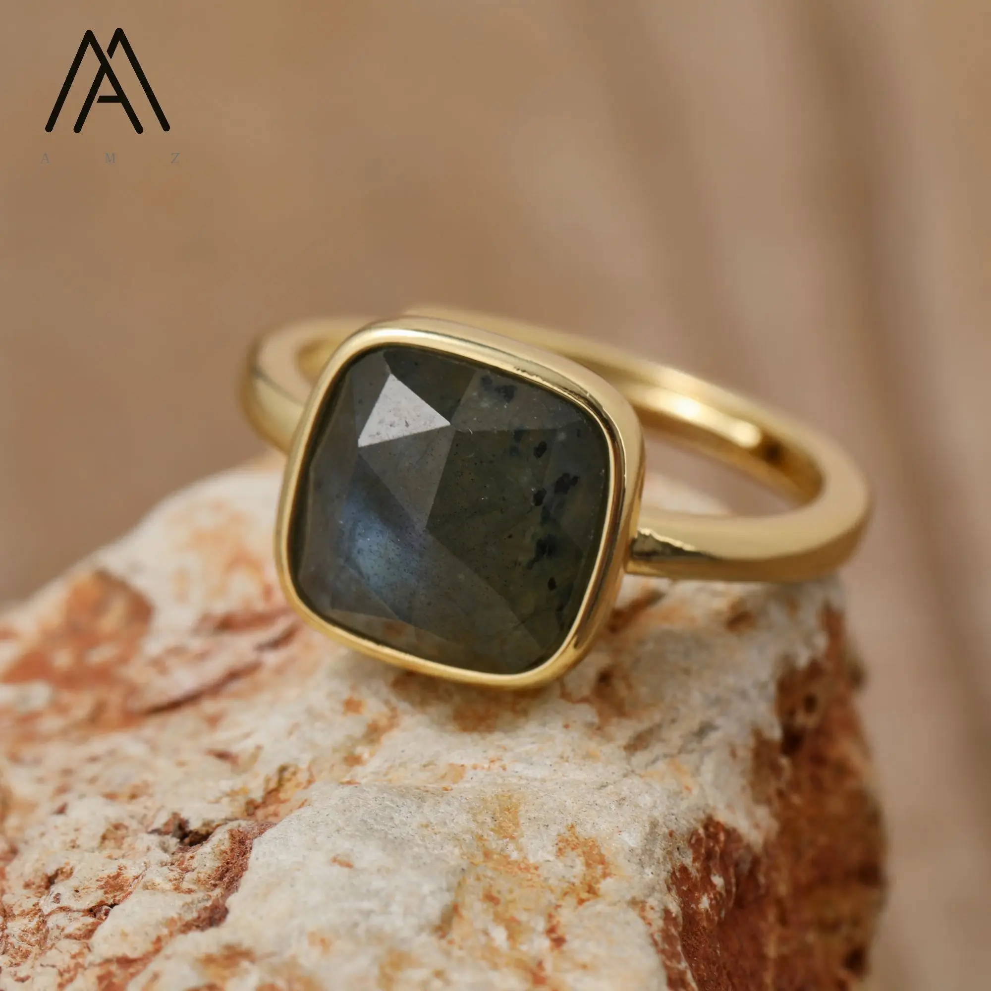 

Crystal Rings Square Shape Natural Gemstone Labradorite Gold Open Adjustable Ring Fashion Gift