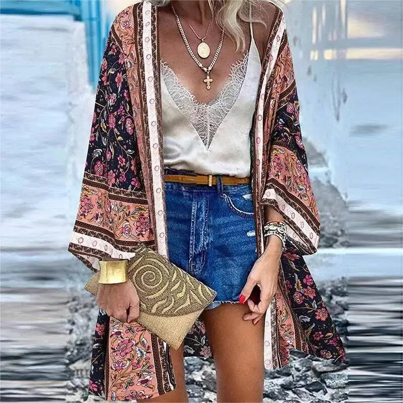 New Summer Bohemian Beach Printed Cardigan Jacket Long Sleeve Leisure Holiday Beach Swimsuit Blouse Shawl Long Coat C5QW