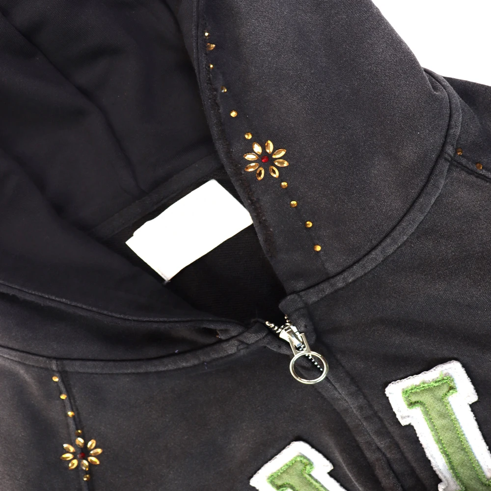 Y2k Streetwear Zip Up Hoodies with Letter Embroidery Hiphop Street Style Heavy Weight Cotton Retro Rhinestones Distressed Hoodie